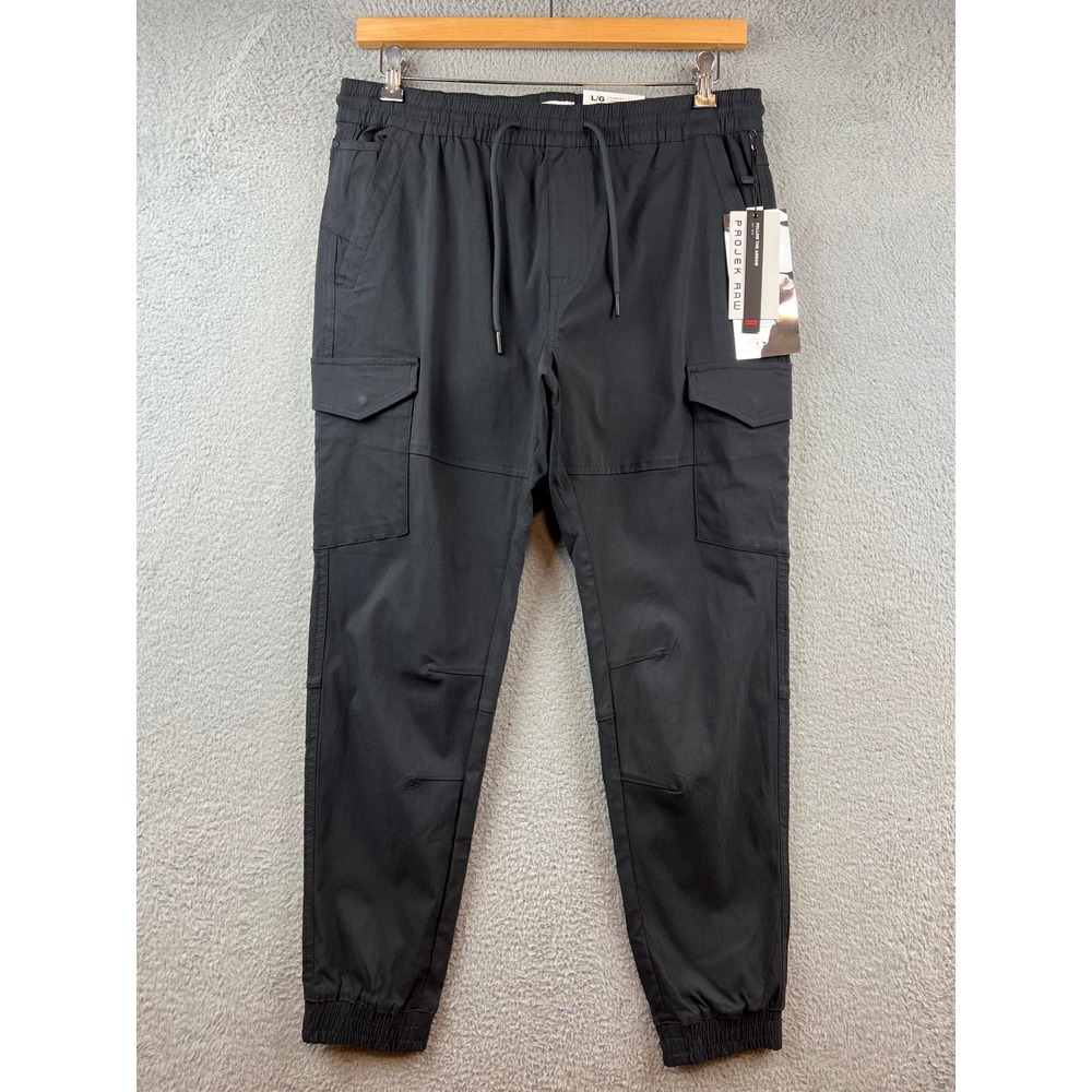 New PROJEK RAW Mens L/G Charcoal Grey Cargo Jogger Pants BungeeFlex Classic Fit